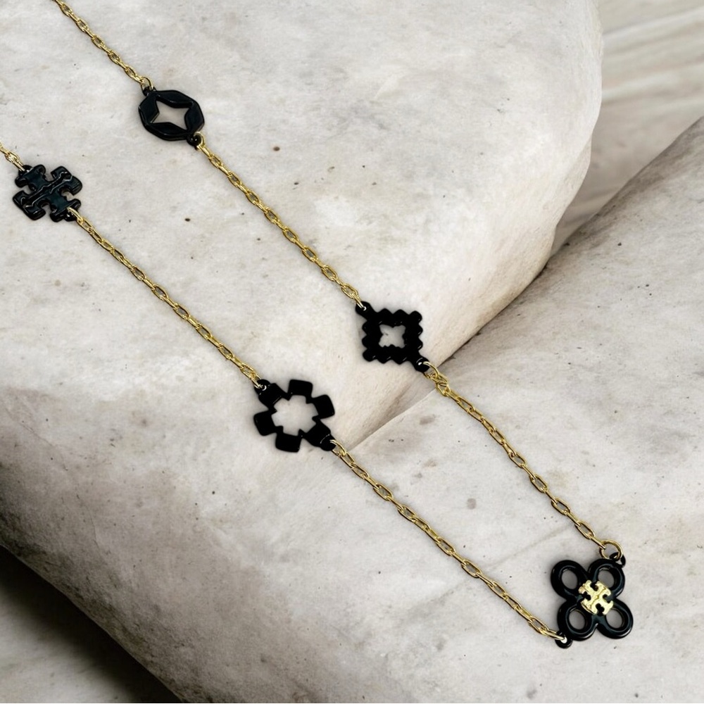Tory Burch "Kira Clover Enamel" Necklace in Tory Gold/ Black
